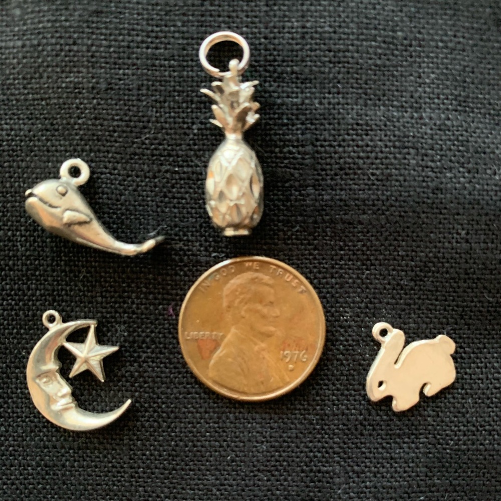 silver charms,Dolphin, sun/moon rabbit, pineapple